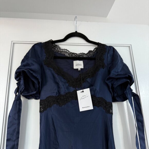 NWT Reformation Stella Silk Midi Dress Sz 0 Navy  Lace Trim Puff Sleeves w/ Tie - Picture 6 of 8